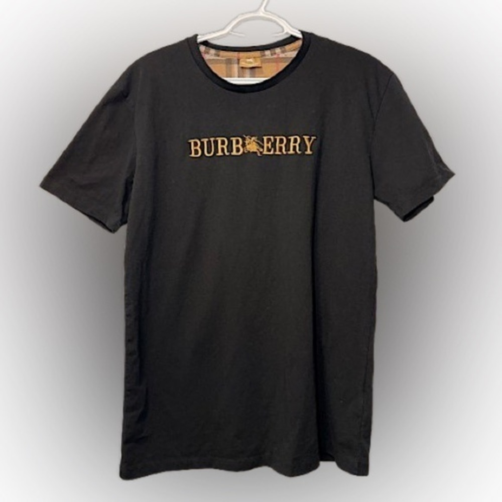 Burberry Black T Shirt Gold Embroidered Logo size M Men